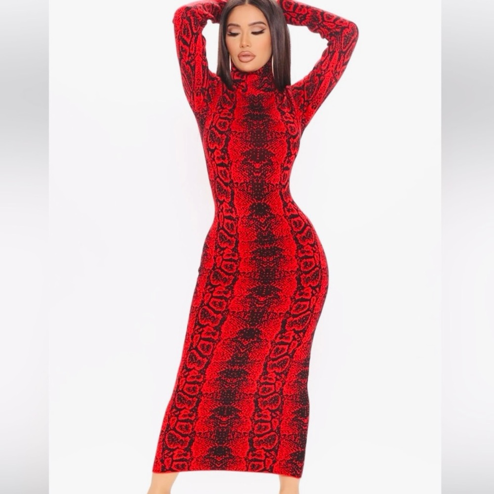 Red Snake Print Long Sleeve sweater Dress